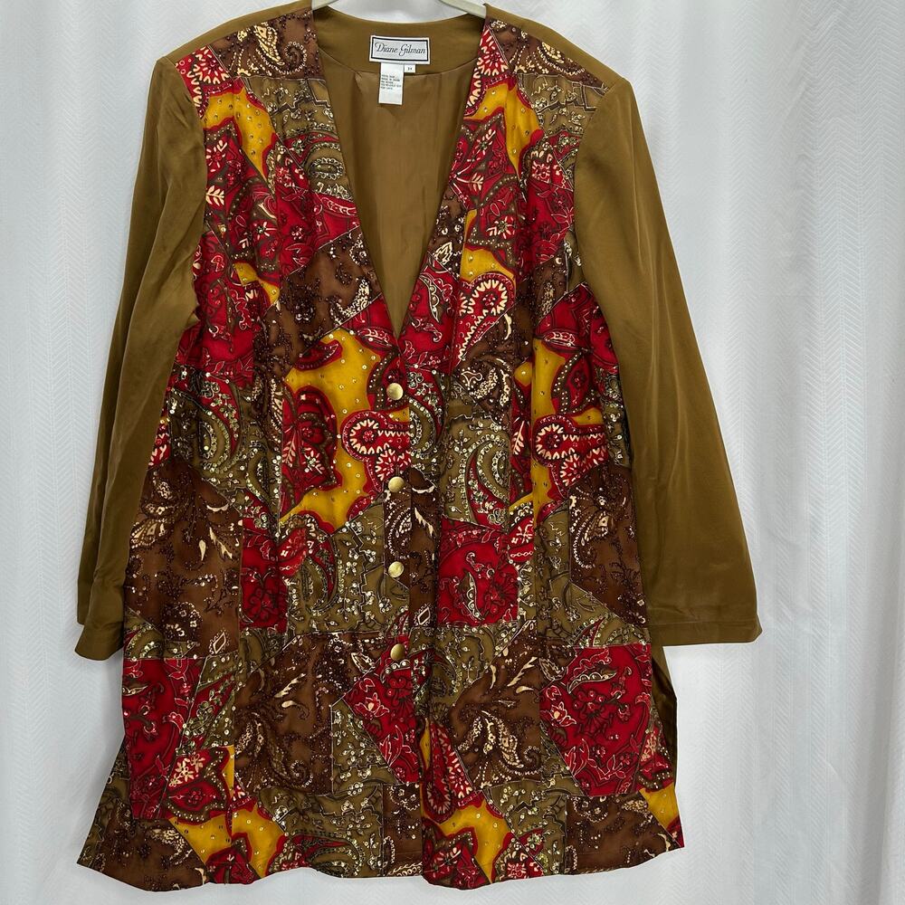Diane Gilman brown red silk blazer jacket beaded art to wear abstract 3X